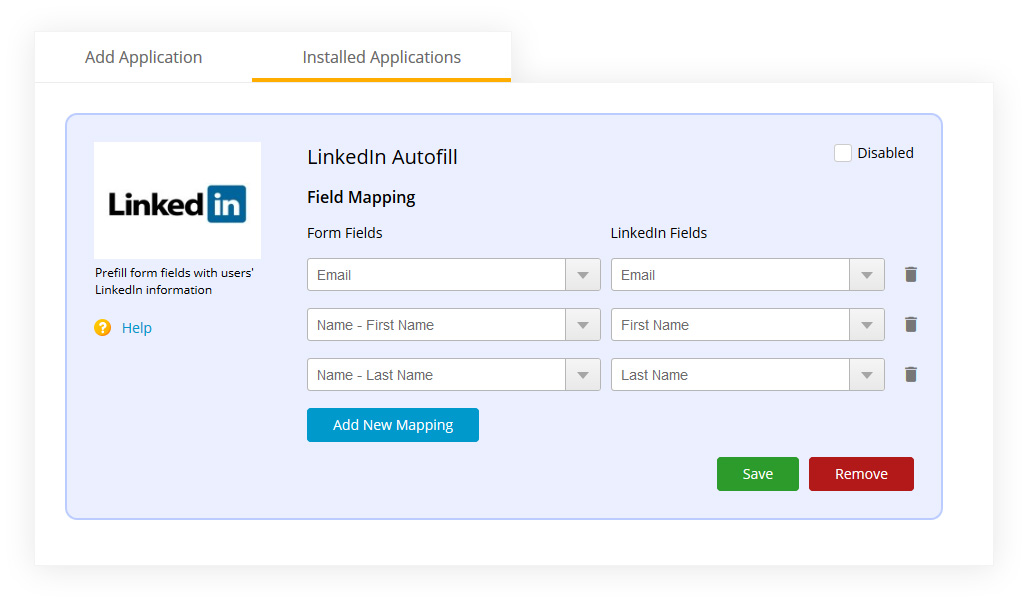 form builder with Linkedin profile autocomplete